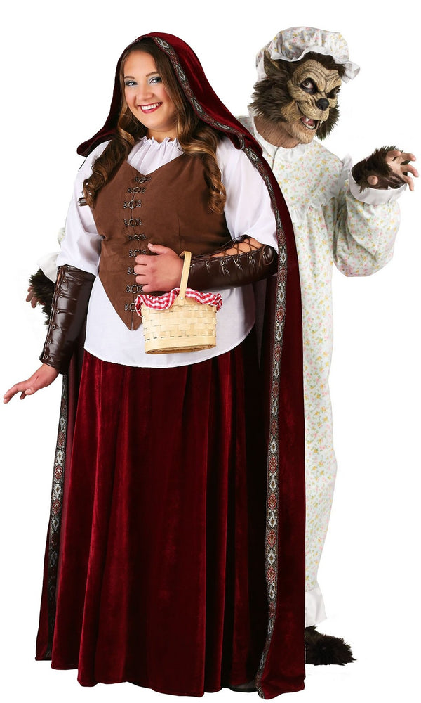 Plus size Red Riding Hood deluxe costume next to man in wolf costume