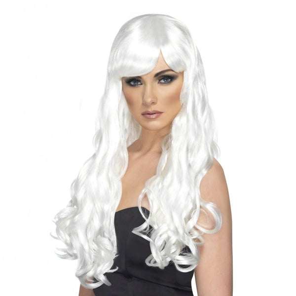 Long wavy white wig with fringe