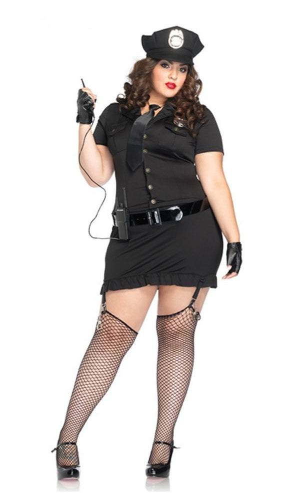 Plus size cop dress with suspenders, hat, gloves, tie and walkie talkie