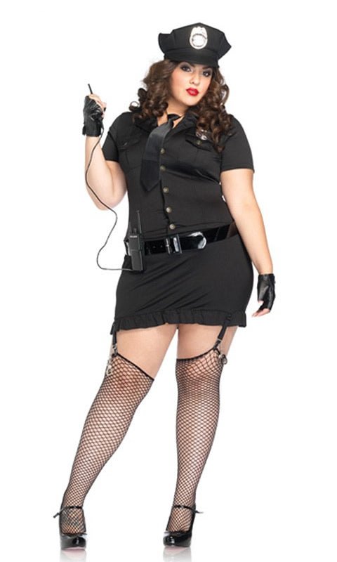 Plus size cop dress with suspenders, hat, gloves, tie and walkie talkie