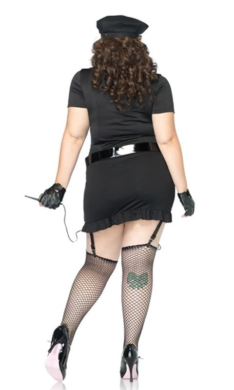 Back of plus size cop dress with suspenders, hat, gloves, tie and walkie talkie