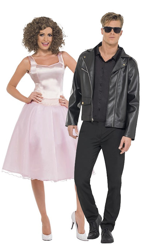 Pink Baby Dirty Dancing dress with curly brown wig next to partner