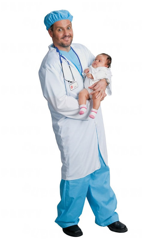 White and blue doctors costume with hat and stethoscope