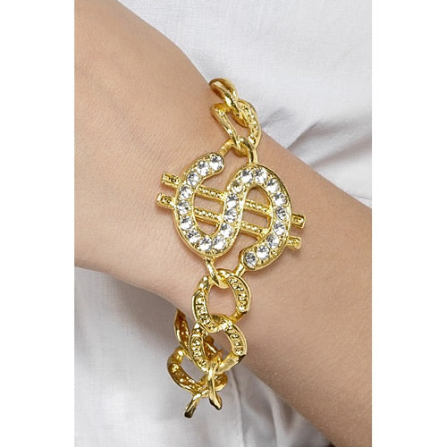 Dollar sign bracelet in gold with diamanté