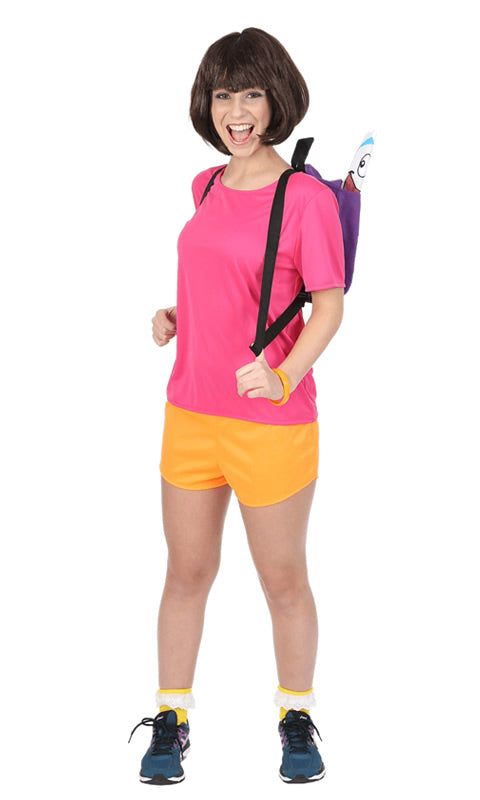 Woman's Dora the Explorer pink top with orange shorts, socks and bag