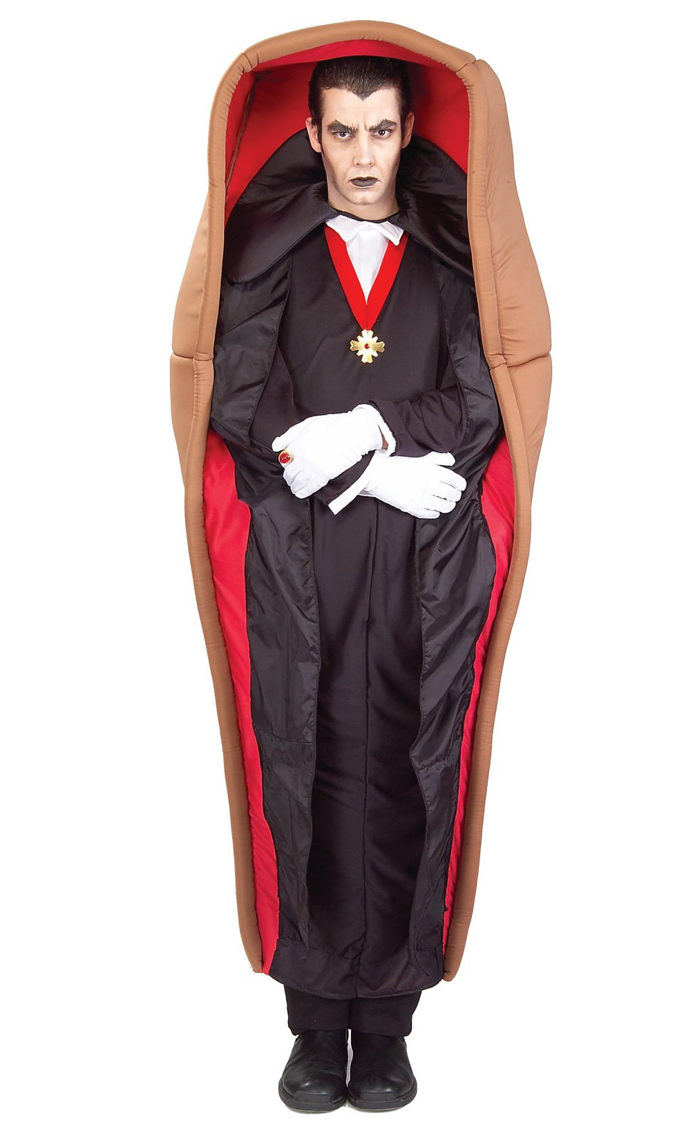 Dracula coffin costume with inbuilt suit and white gloves