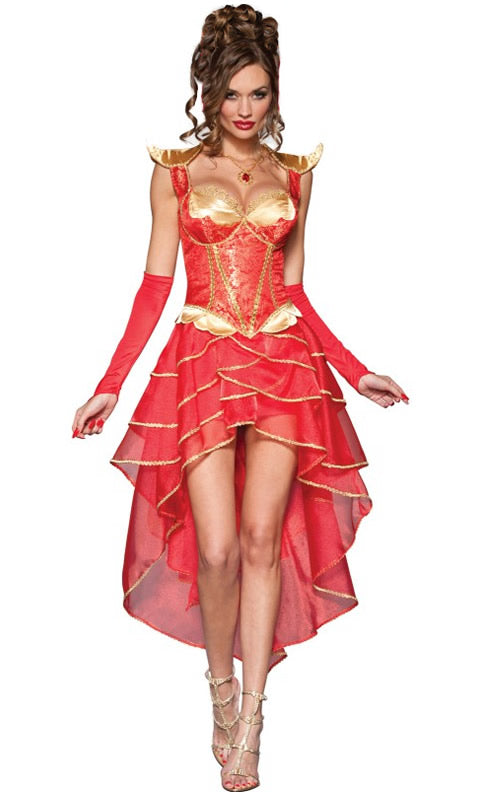A woman modeling a red corset dress with a mini skirt and a detachable dragon tail, featuring gold accents and red fabric.