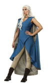 Side view of blue Daenerys Game of Thrones costume with blonde wig