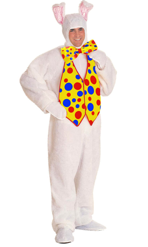 White Easter bunny costume with open faced headpiece and spotted vest and tie