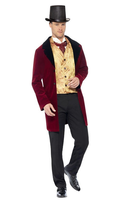 Man wearing a red and gold Edwardian gentleman costume