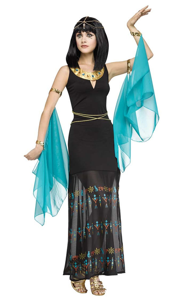 Long black Egyptian Cleopatra costume with blue arm drapes and attached gold collar
