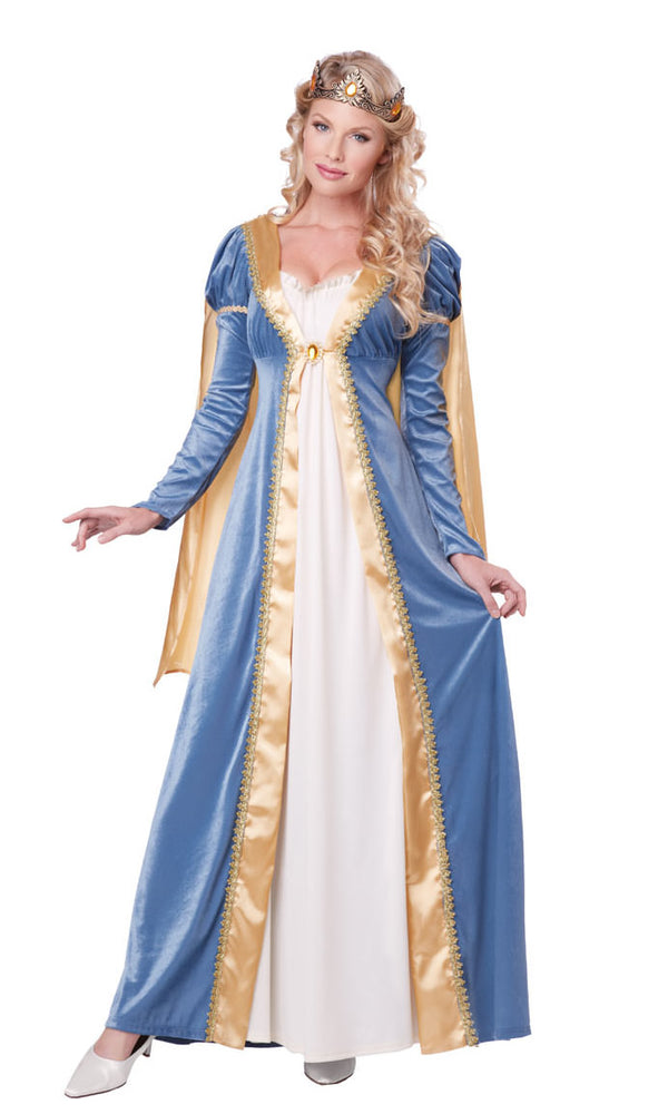 Long blue and gold princess dress with cape and half crown
