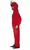 Side of plush Elmo Sesame Street jumpsuit with headpiece