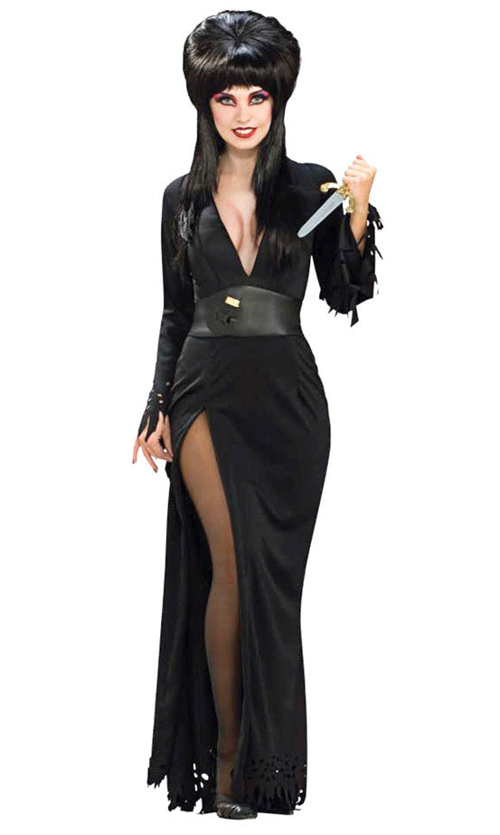 Elvira black dress with belt, dagger and long black wig