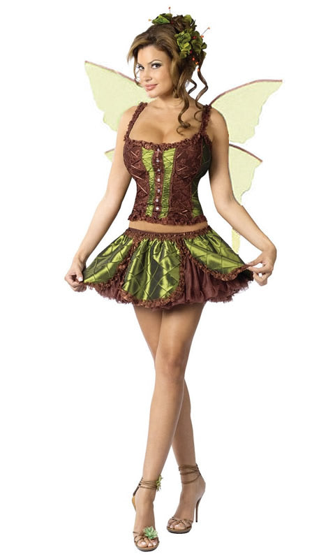 Short brown and green fairy costume with attached petticoat, corset top and layered skirt, with green wings