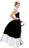 Side view of Queen of Hearts dress with long cape and crown