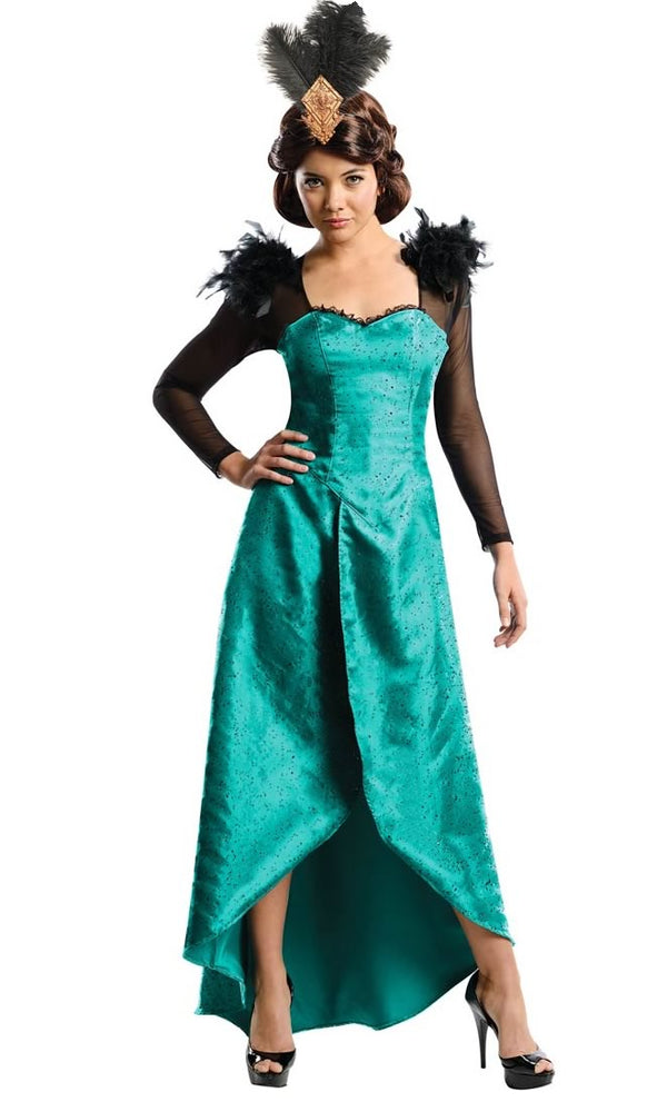 Long green Evanora witch costume with feather headpiece