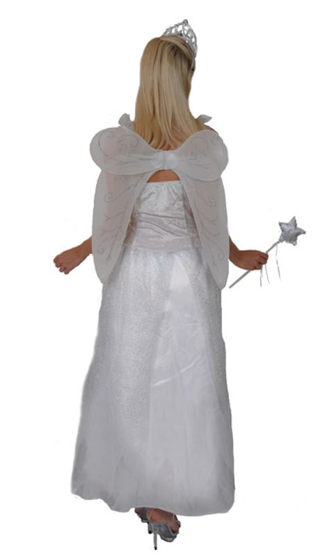 Back of long white fairy godmother dress with attached corset, wings, tiara and wand