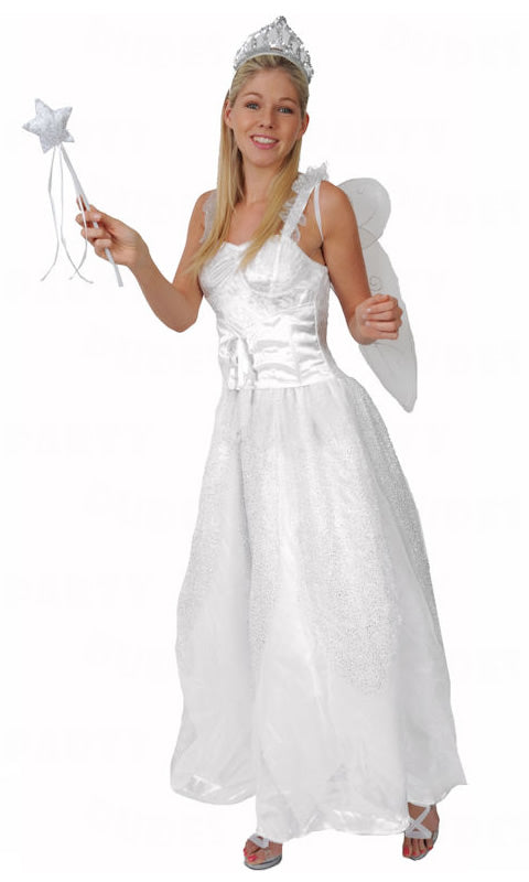 Long white fairy godmother dress with attached corset, wings, tiara and wand