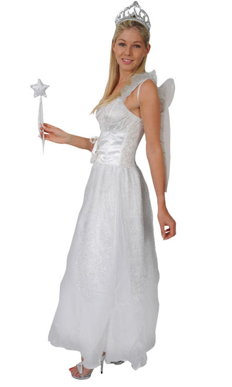 Side of long white fairy godmother dress with attached corset, wings, tiara and wand
