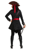 Back of woman's pirate costume with hat, waist sash and shoulder belt
