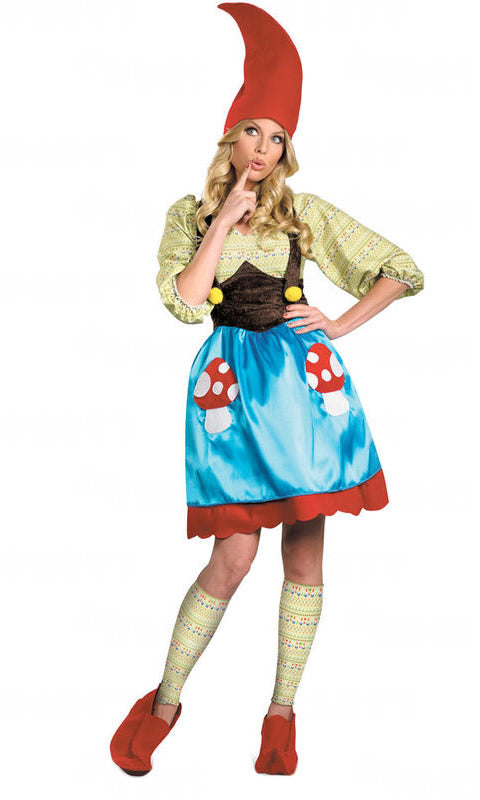 Woman's gnome dress with mushroom pattern, hat, leg warmers and shoe covers