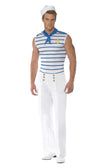 Alternate view of men's French sailor costume white pants, with sleeveless blue striped top and blue neck scarf