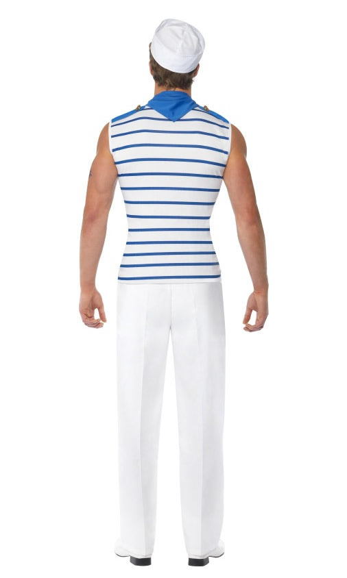 Back of men's French sailor costume white pants, with sleeveless blue striped top and blue neck scarf