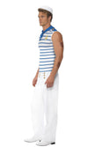 Side of men's French sailor costume white pants, with sleeveless blue striped top and blue neck scarf