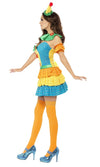 Side of orange and blue clown dress with neck ruffle, sleeves and hat