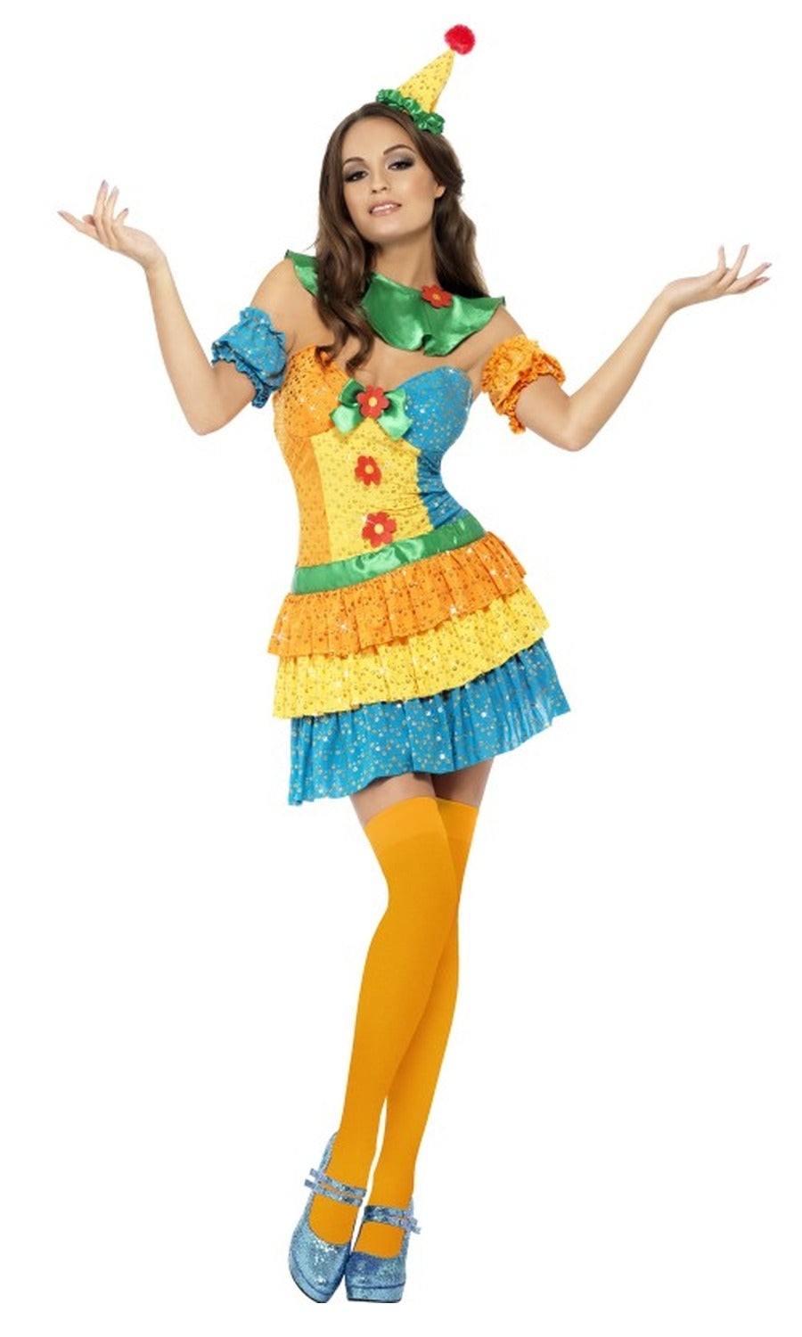 Orange and blue clown dress with neck ruffle, sleeves and hat