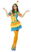 Orange and blue clown dress with neck ruffle, sleeves and hat