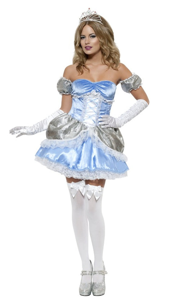Blue Cinderella dress with mock corset, peplums, sleeves and petticoat