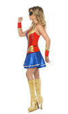 Side of short blue, red and gold superhero dress with gauntlets and choker