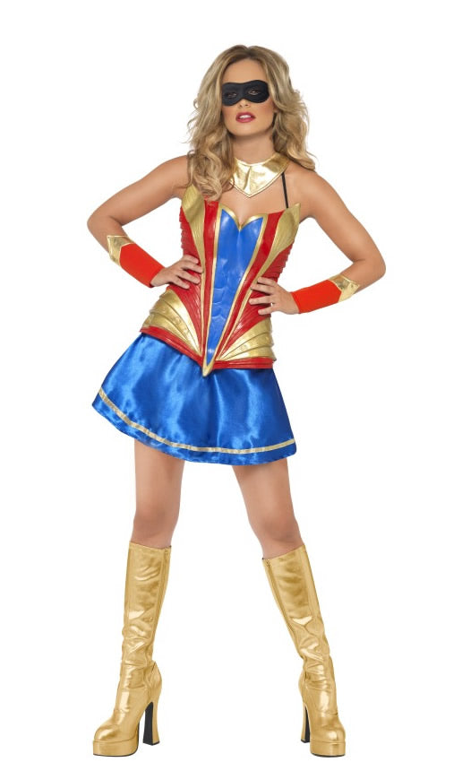 Short blue, red and gold superhero dress with gauntlets and choker