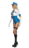 Side of short blue and white police romper with suspenders and hat