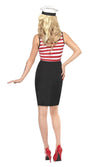 Back of sailor dress with red and white upper and black lower