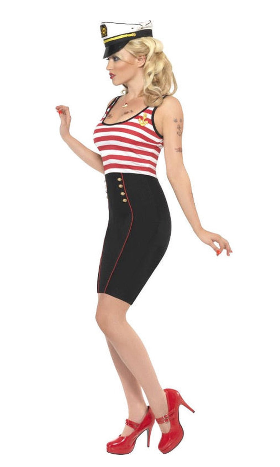 Side of sailor dress with red and white upper and black lower