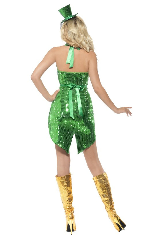 Back of sequin gold and green halter neck dress with mini top hat