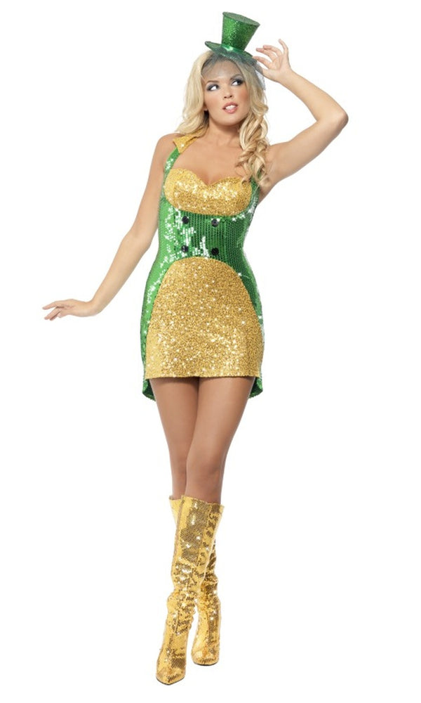 Sequin gold and green halter neck dress with mini top hat