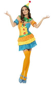 Orange and blue clown dress with neck ruffle, sleeves and hat