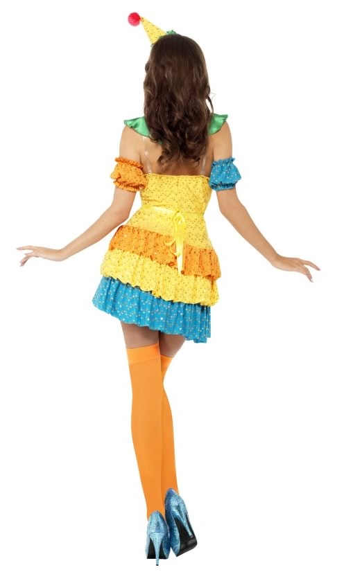 Back of orange and blue clown dress with neck ruffle, sleeves and hat