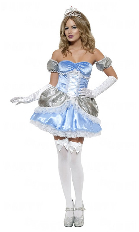 Blue Cinderella dress with mock corset, peplums and sleeves