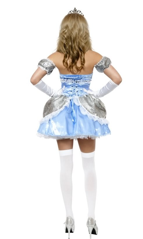 Back of blue Cinderella dress with mock corset, peplums and sleeves