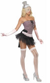 Side of short burlesque tutu skirt with corset style top and pink ruffle panties
