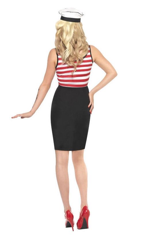 Back of sailor dress with red and white upper and black lower
