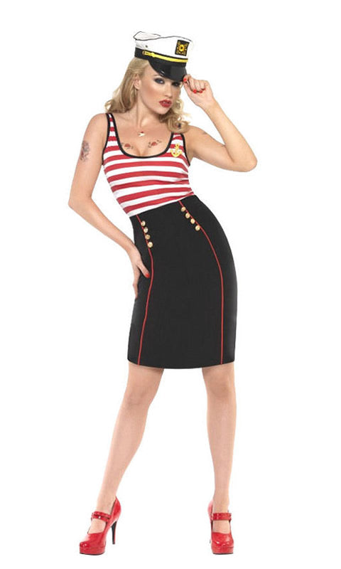 Sailor dress with red and white upper and black lower with red stripes