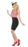 Side of sailor dress with red and white upper and black lower