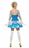 Back of short blue Cinderella strapless dress with sleeves