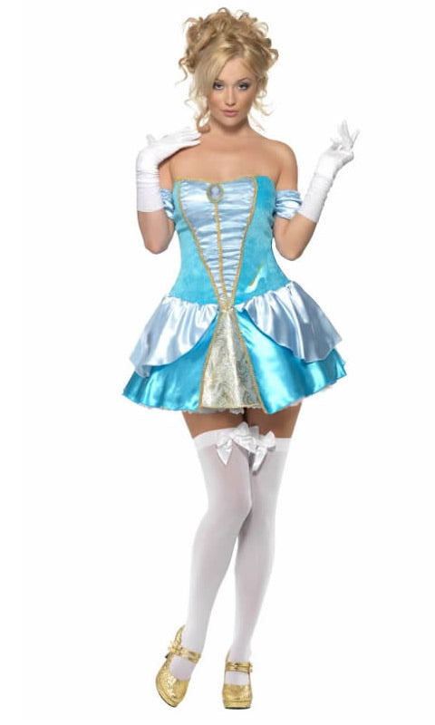 Short blue Cinderella strapless dress with sleeves and gloves